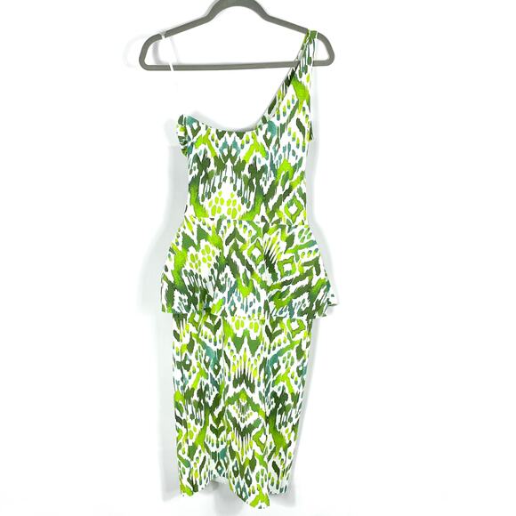 Chiara Boni‎ Chaz Dress Green White Print Sheath One Shoulder Peplum Sz 4 - Picture 11 of 11